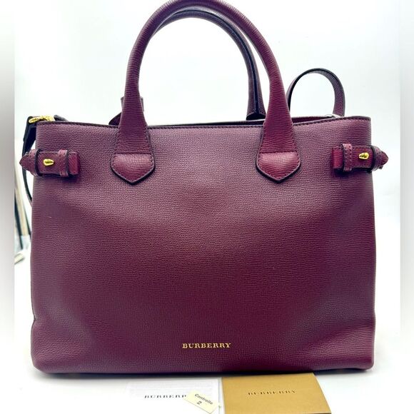 Auth Burberry Elderberry Leather Nova Check Medium Banner Tote Bag Preloved Ex++ - Picture 2 of 16